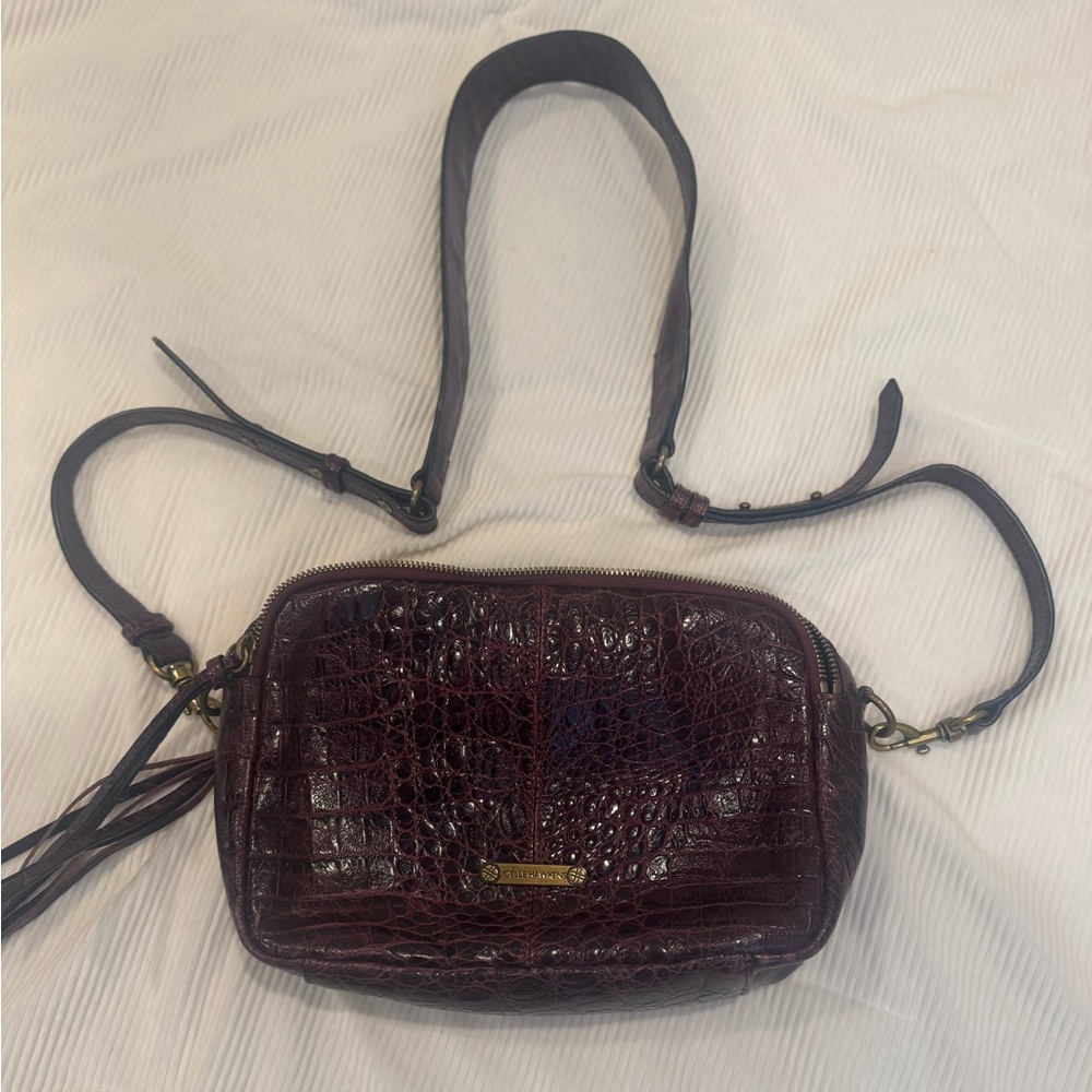 Joelle Hawkens 100% Cowhide Leather Crocodile-Embossed Burgundy Crossbody Bag